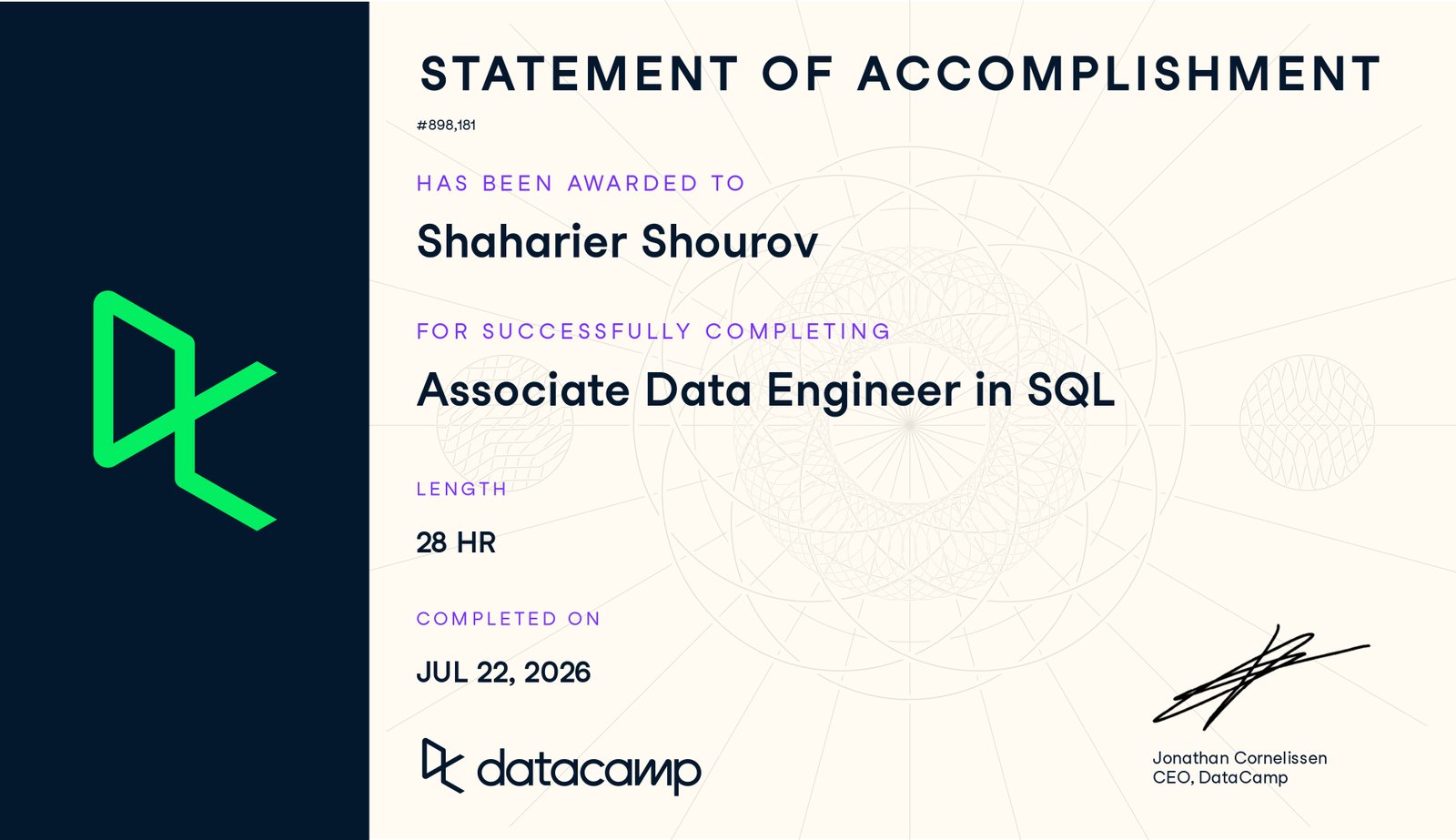 Associate Data Engineer in SQL certificate